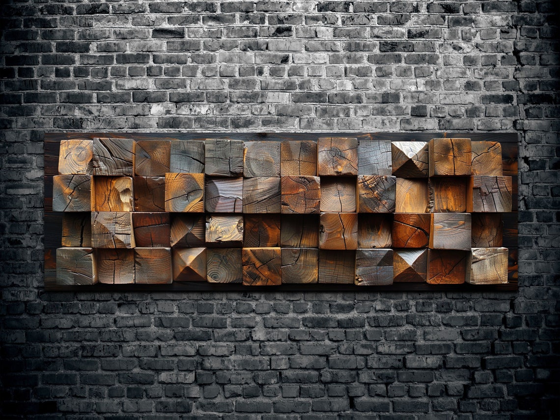 Rustic Wooden Block Cubes Textured 3D Panoramic Decor Poster - Image 2