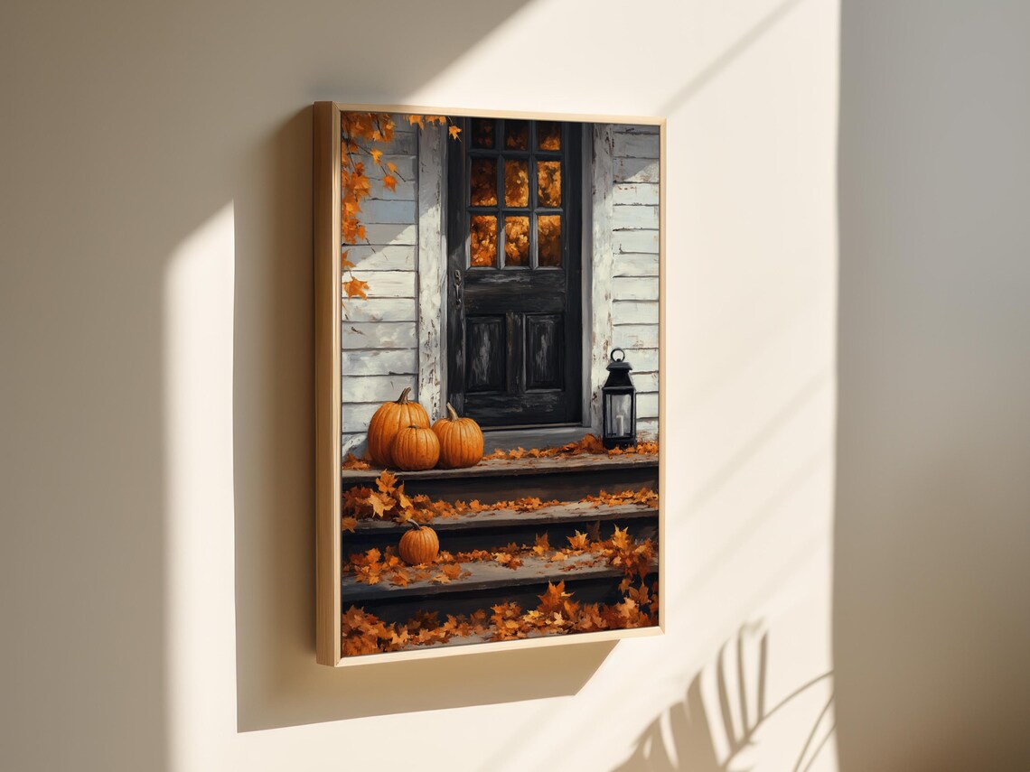 Fall Front Porch With Pumpkins Lantern And Autumn Leaves Decor Wall Art - Image 6