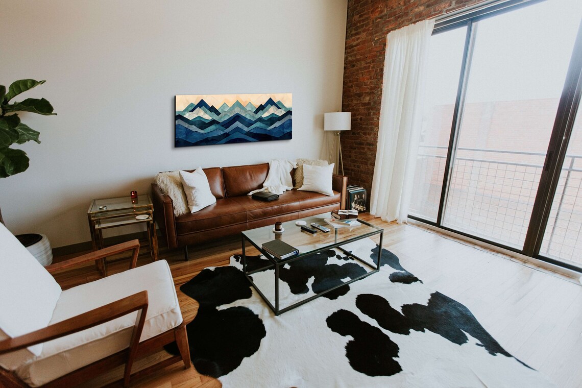 Panoramic Navy Geometric Mountain Range Ready To Hang Panoramic Wall Art Print Blue Tone Artwork Panoramic Art - Image 3