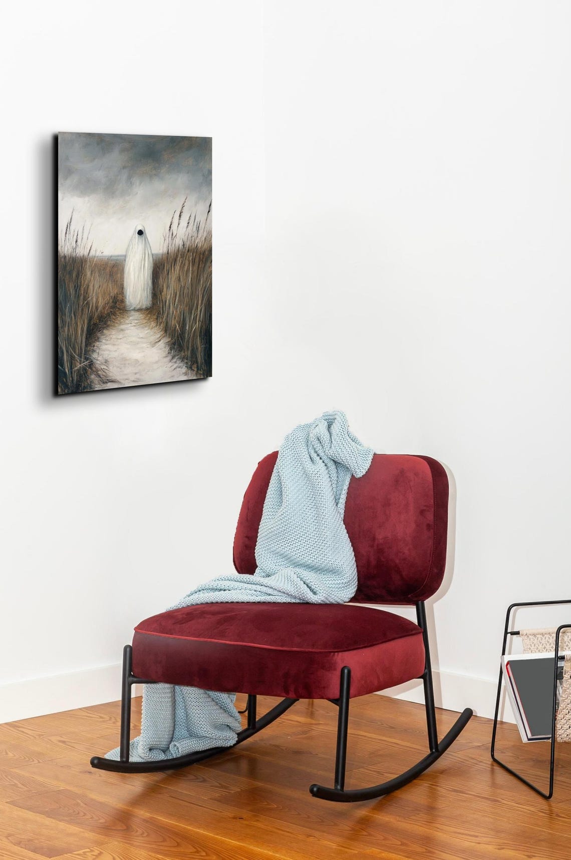 Sheet Ghost on a Sandy Path Through Tall Beach Grass at Dusk Poster - Image 4