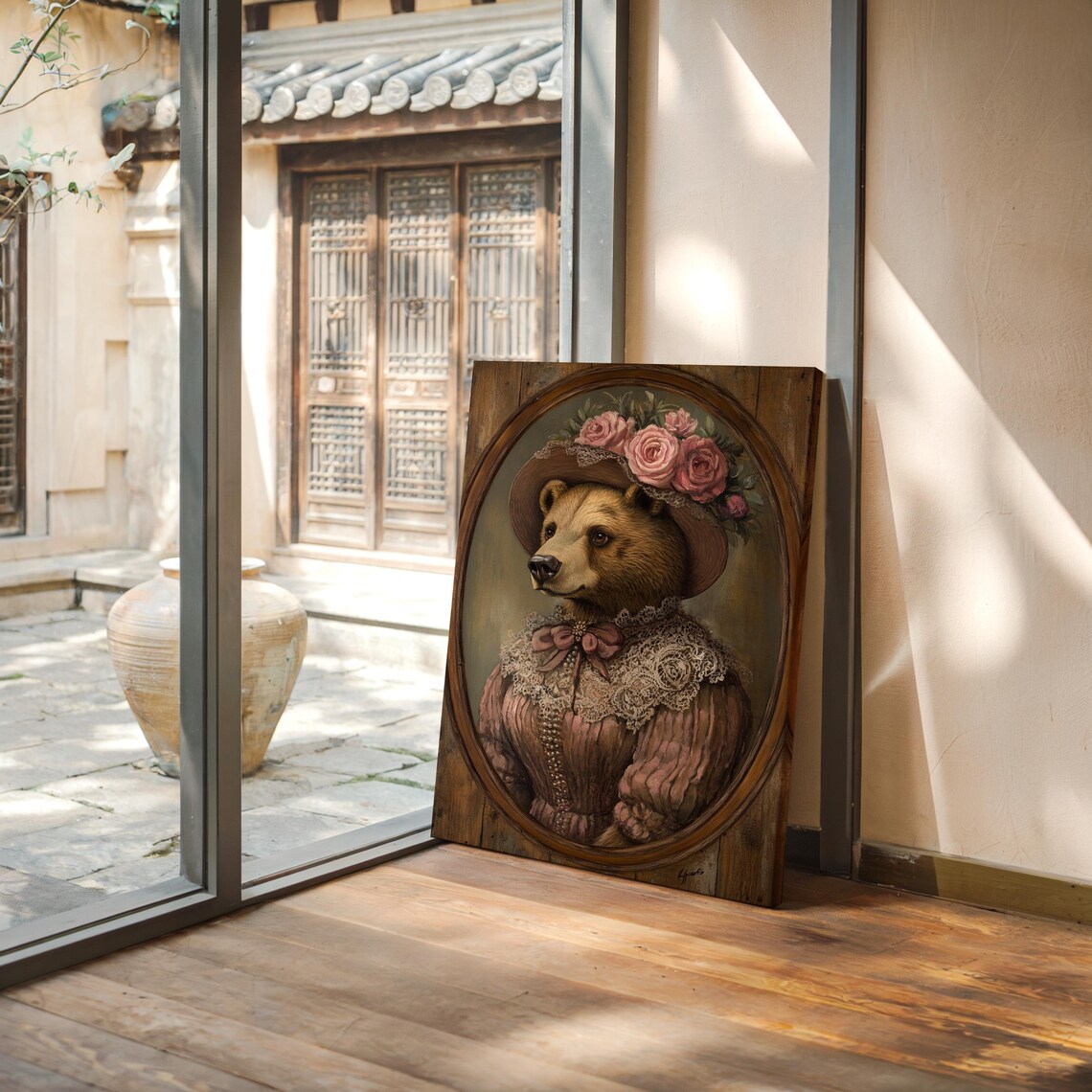 Elegant Bear Lady In Floral Hat And Lace Vintage Whimsical Animal Portrait Poster - Image 3