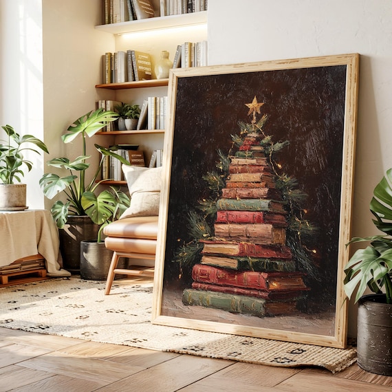 Christmas Tree Made Of Stacked Vintage Books Gold Star Art Poster