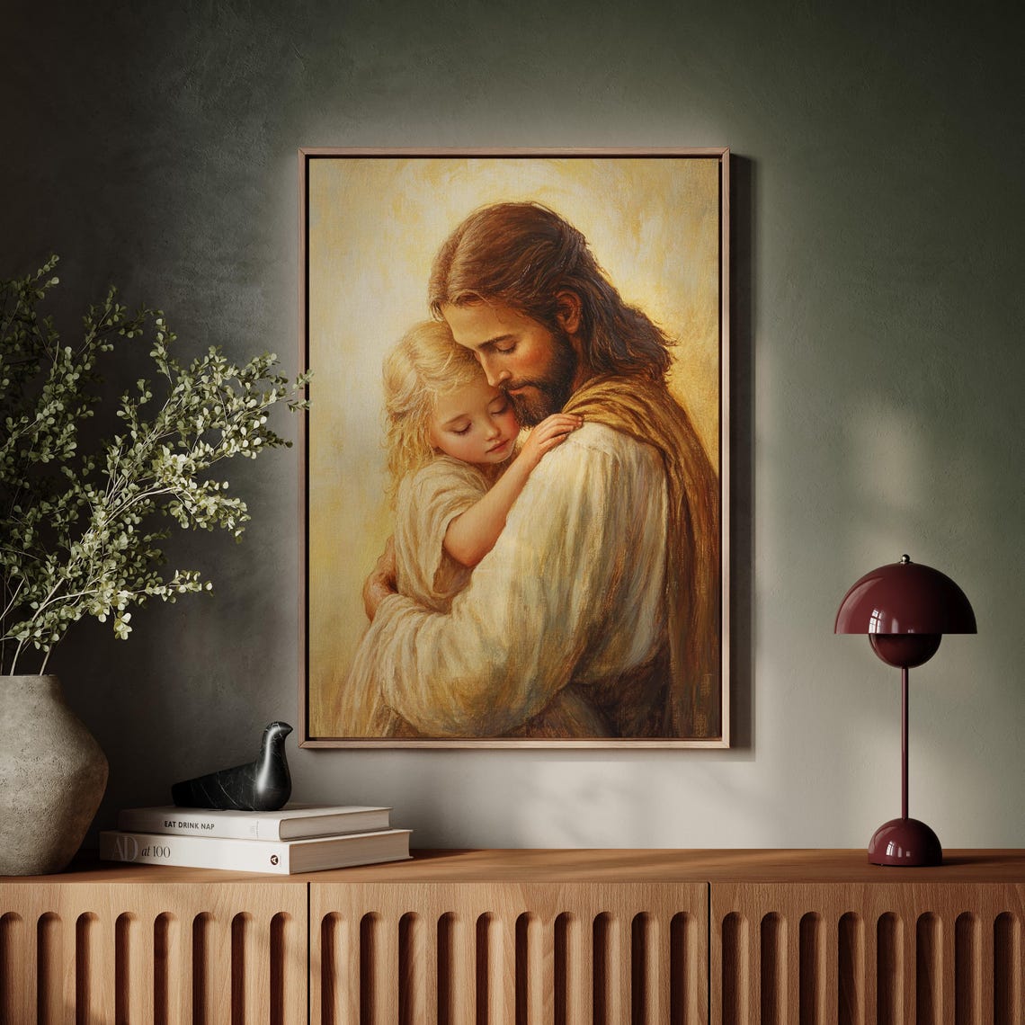 Jesus Holding a Young Girl Close in a Golden Glow of Love Poster