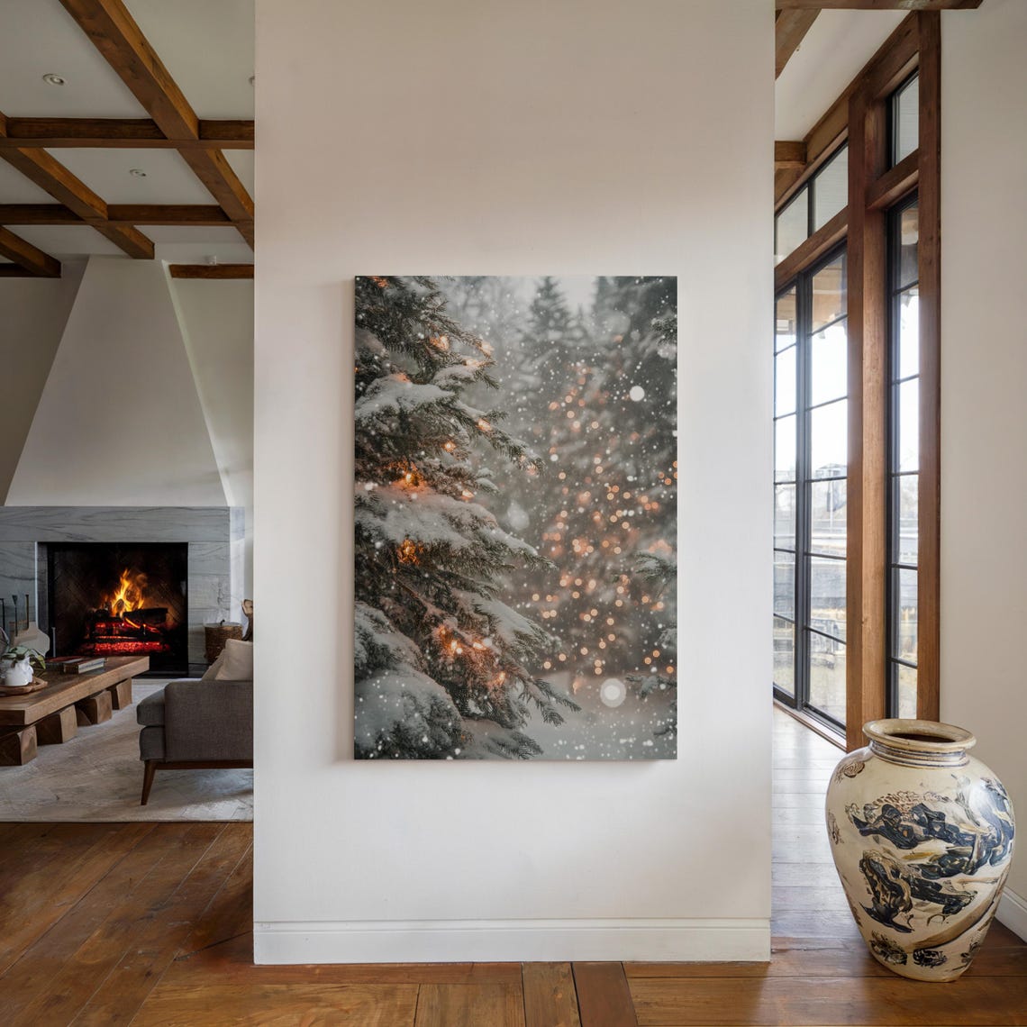 Snow Covered Pine Branches With Warm String Lights At Dusk Poster - Image 3