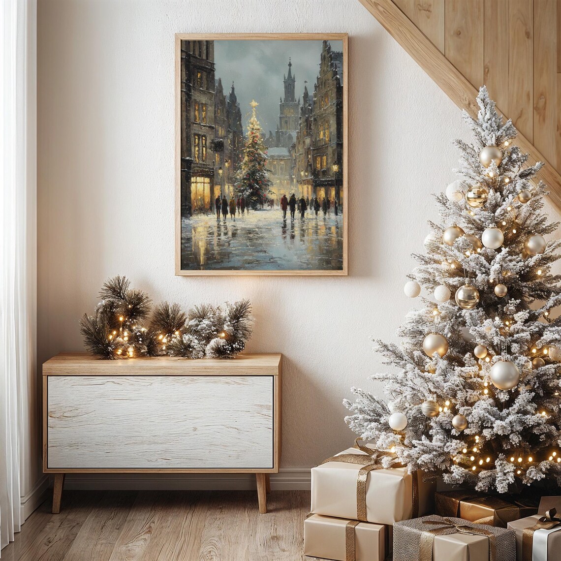 Christmas Tree In Snowy City Square Art Print