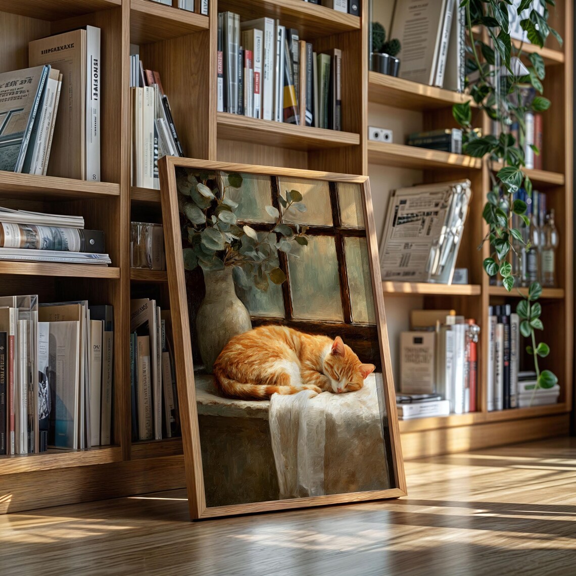 Sleeping Cat Art Print, Cozy Rustic Window Scene