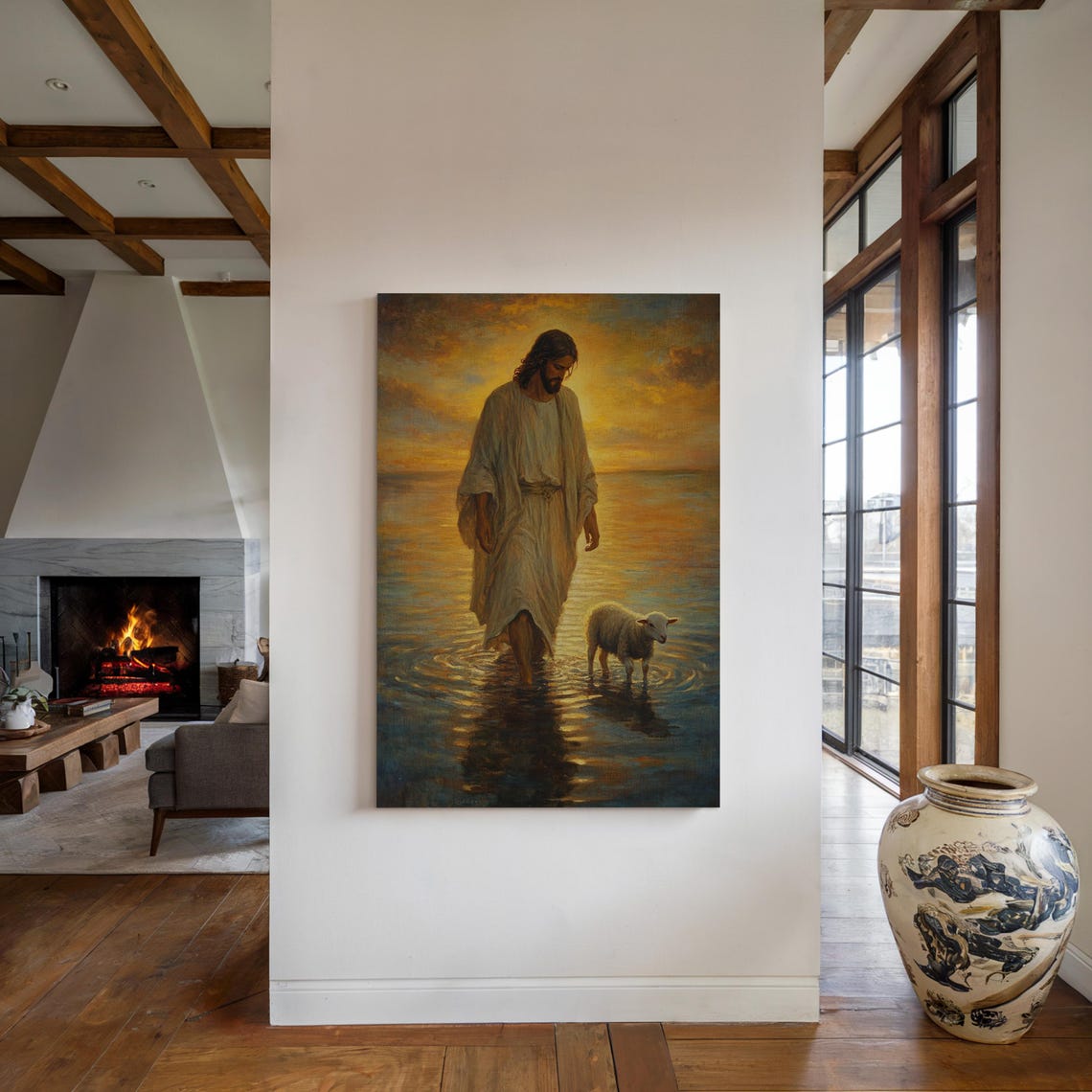 Jesus Walking on Water With Lamb Golden Sunset Christian Art Print - Image 3