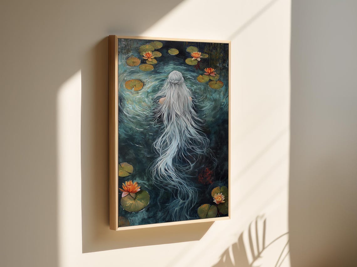 Mystical Water Goddess Flowing Silver Hair Lily Pond Wall Art Poster - Image 3