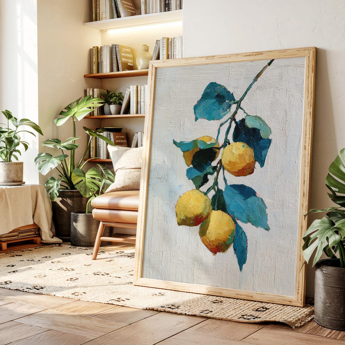 Vibrant Yellow Lemons With Blue Green Leaves Textured Branch Poster