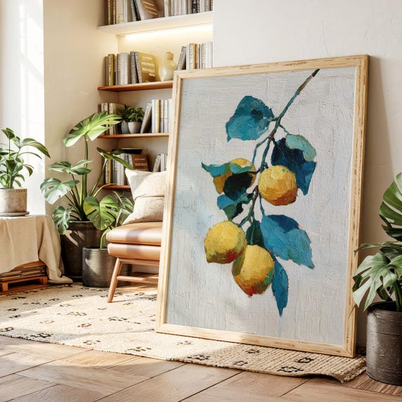 Lemon Branch Canvas Wall Art Vibrant Yellow Lemons With Blue Green Leaves Vintage Oil Painting Style Kitchen Or Dining Room Decor