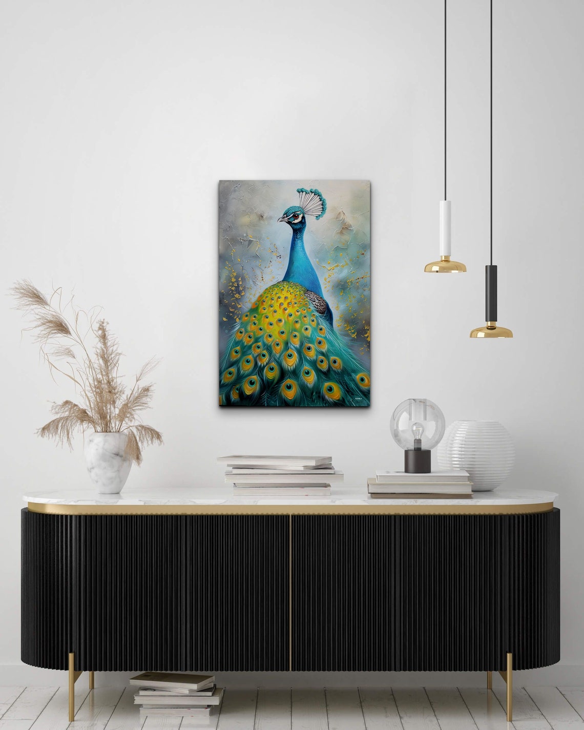 Peacock Full Plumage Textured Painting Turquoise Gold Bird Poster - Image 6