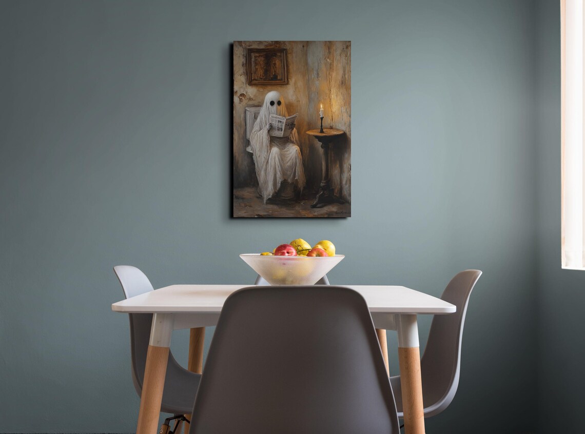 Cute Ghost on Toilet Reading Paper in a Candlelit Vintage Bathroom Poster - Image 5