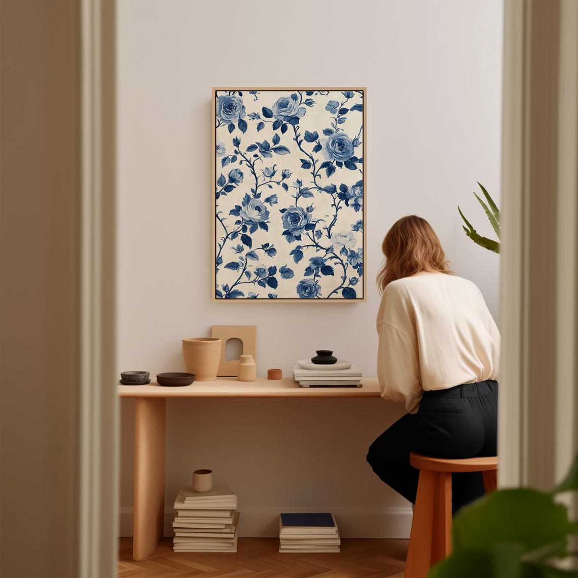 Vintage Blue and White Roses Chinoiserie Floral Pattern Poster - Image 5