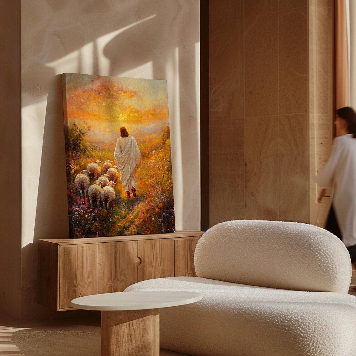 Jesus Leading His Flock Through a Wildflower Meadow at Golden Sunset Poster - Image 7