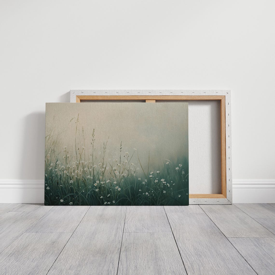 Misty Wildflower Meadow Tall Grasses Ethereal Green Field Wall Art - Image 3