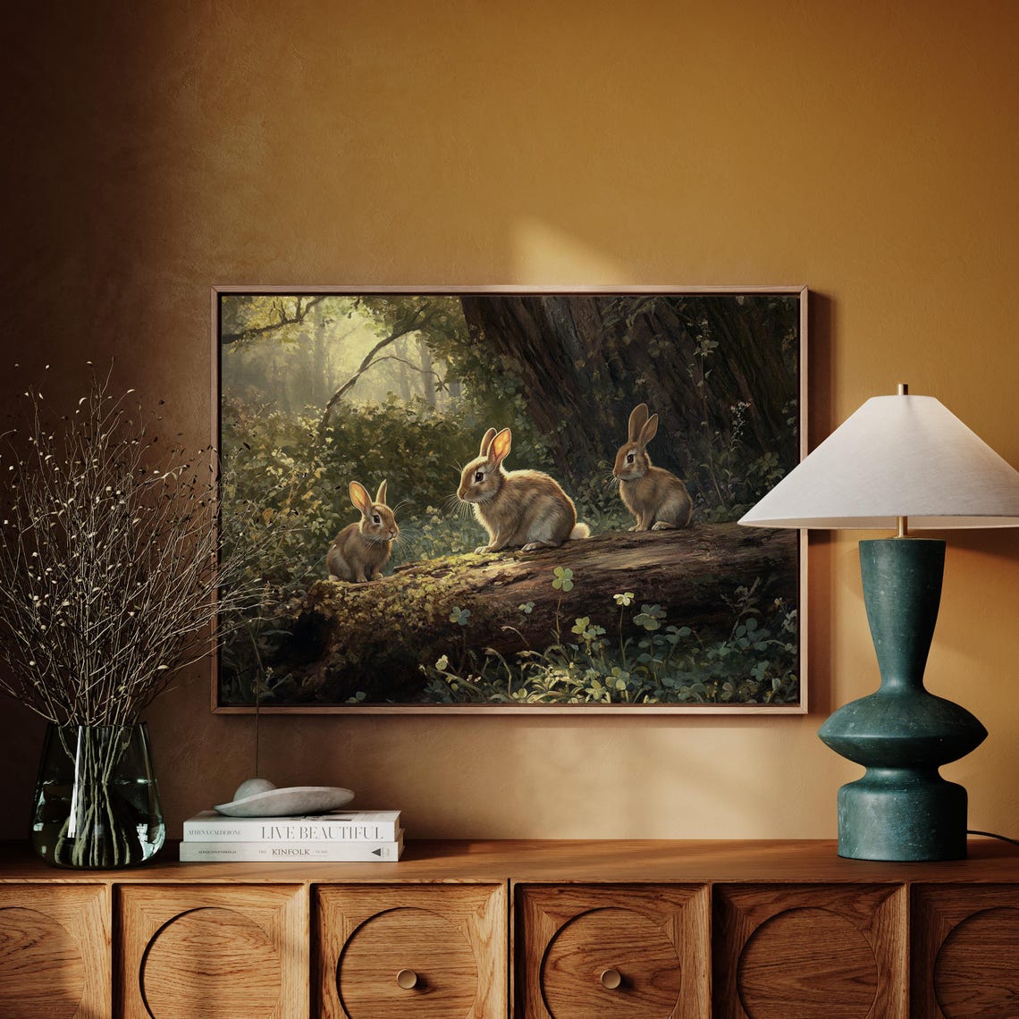 Three Rabbits on Mossy Log in Sunlit Forest Wildlife Painting Wall Art - Image 5