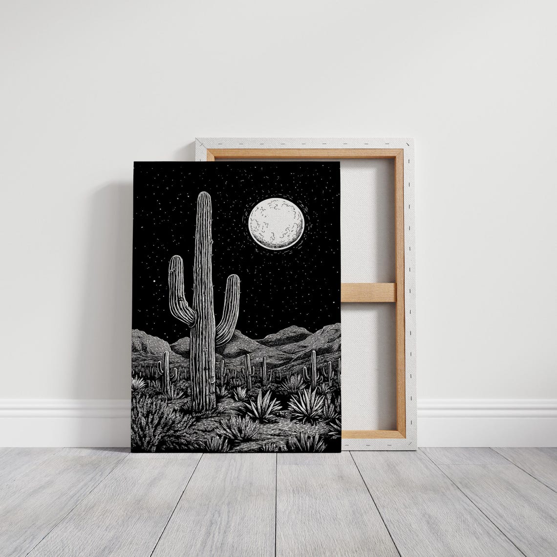 Black and White Desert Night Saguaro Under Full Moon Engraving Poster - Image 3