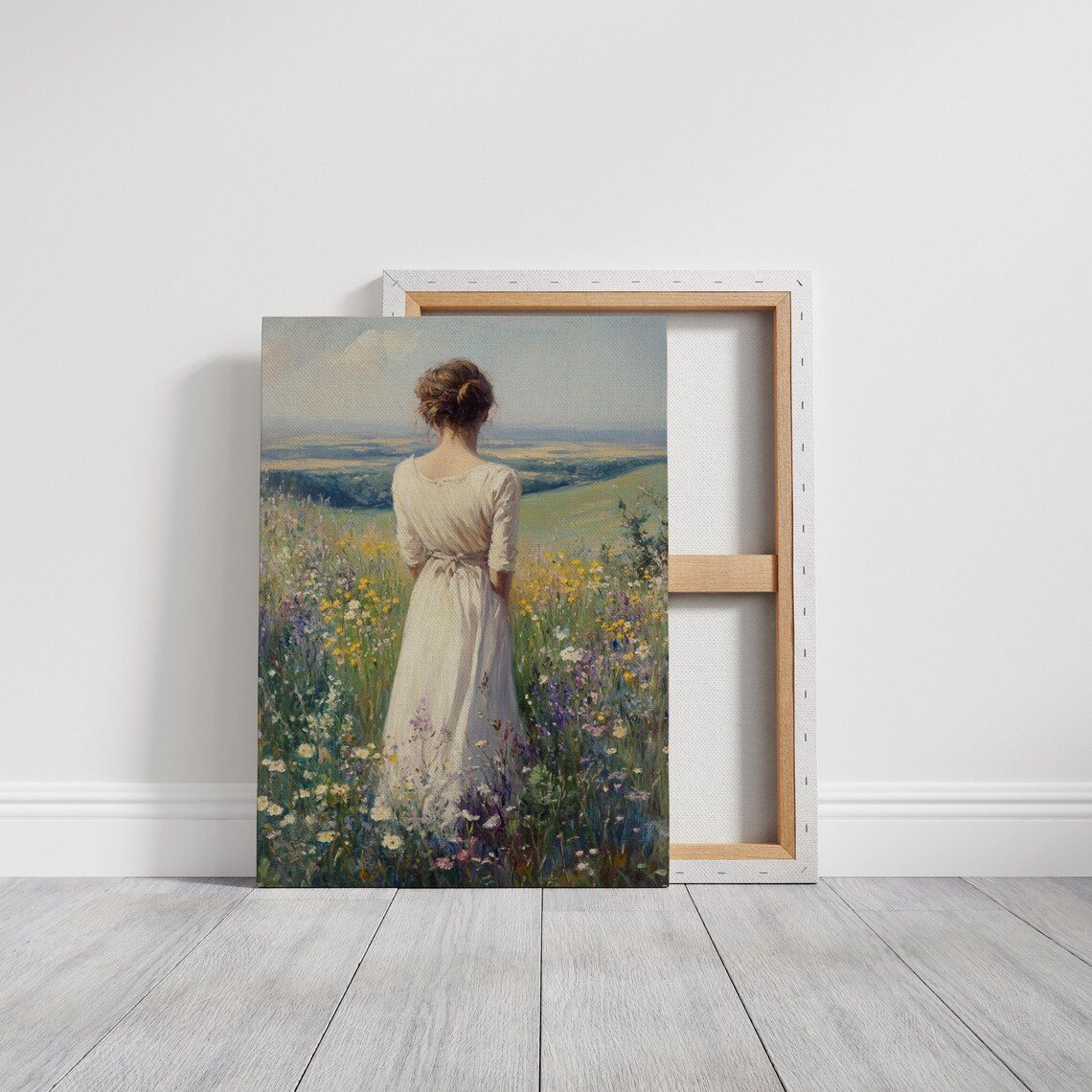 Woman In Cream Dress Standing In Wildflower Field Scenic View Poster - Image 3