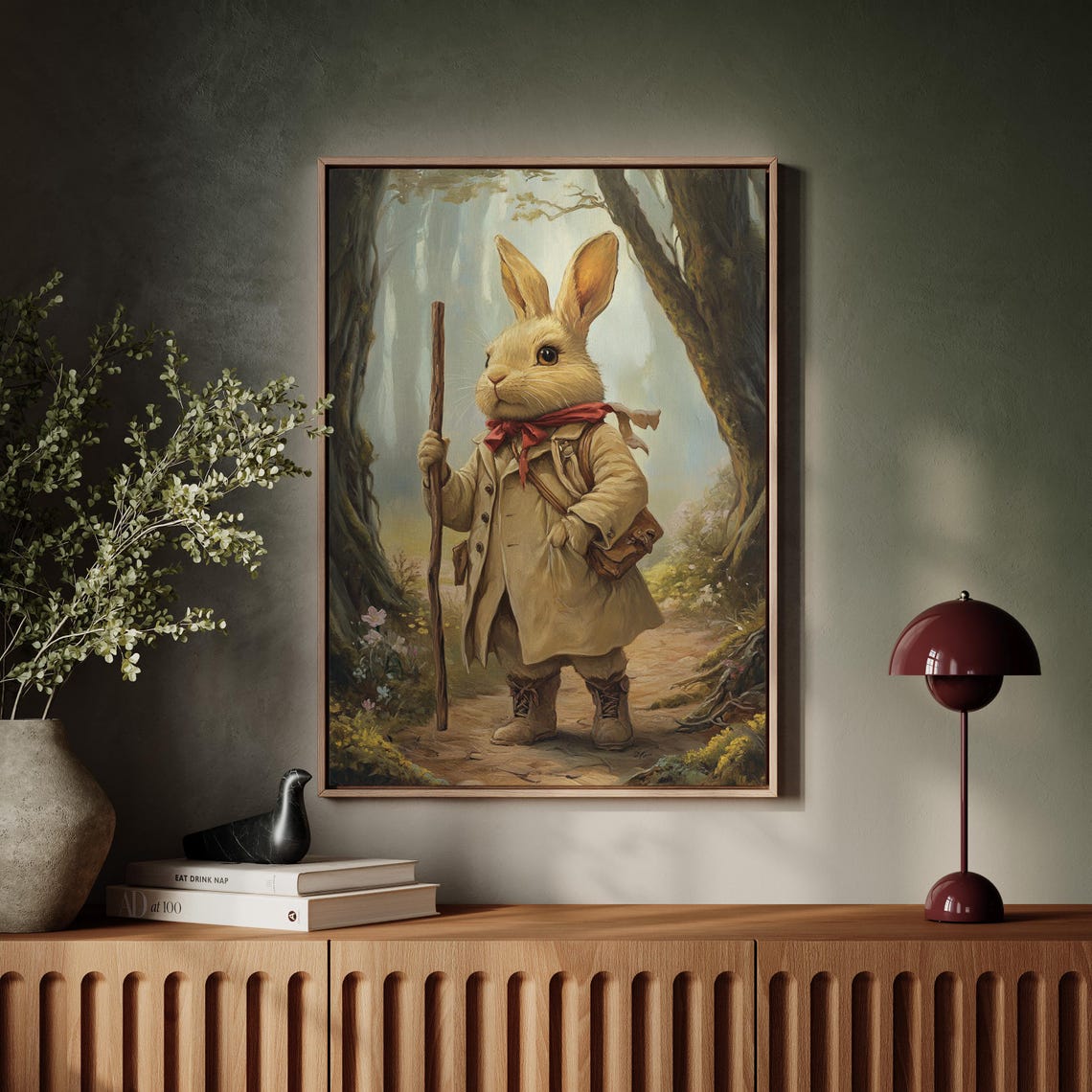 Adventurous Rabbit Traveler in Coat With Staff on Forest Path Poster - Image 6