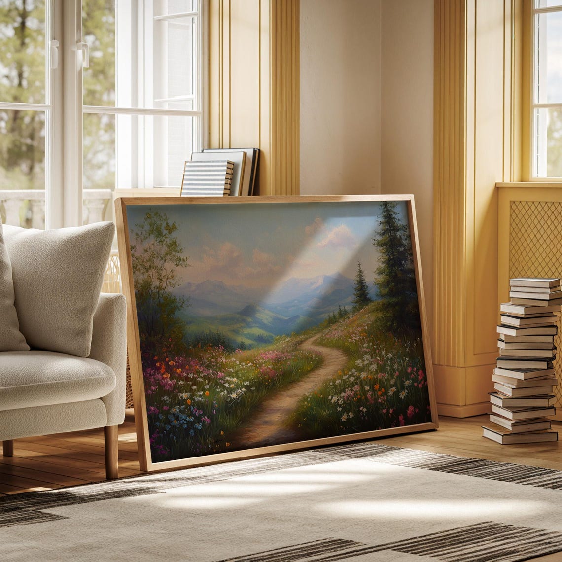 Wildflower Path Winding Through Hills Toward Blue Mountains Wall Art - Image 4