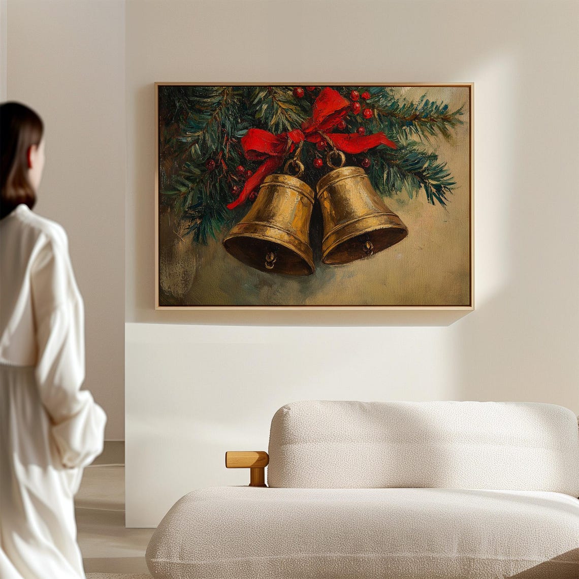 Golden Christmas Bells With Red Bow And Pine Holiday Wall Art - Image 7