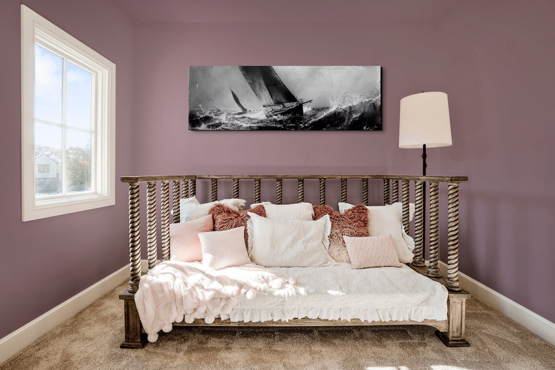 Sailboats Racing Stormy Sea Black White Dramatic Marine Panoramic Wall Art - Image 7