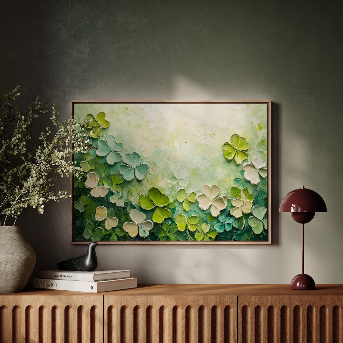 Impasto Green And White Clovers Textured Botanical Garden Wall Art - Image 6