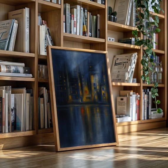Moody Abstract Cityscape Canvas In Navy And Gold With Reflections Urban Skyline Wall Art For Modern Or Industrial Decor