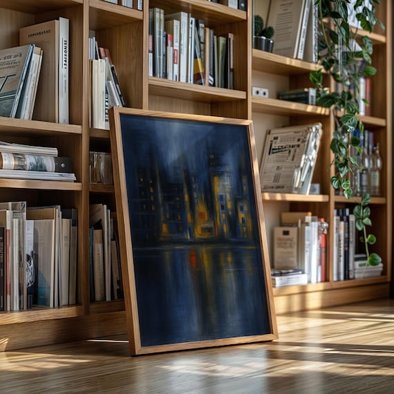 Moody Abstract Cityscape Navy and Gold with Reflections Night Art Poster