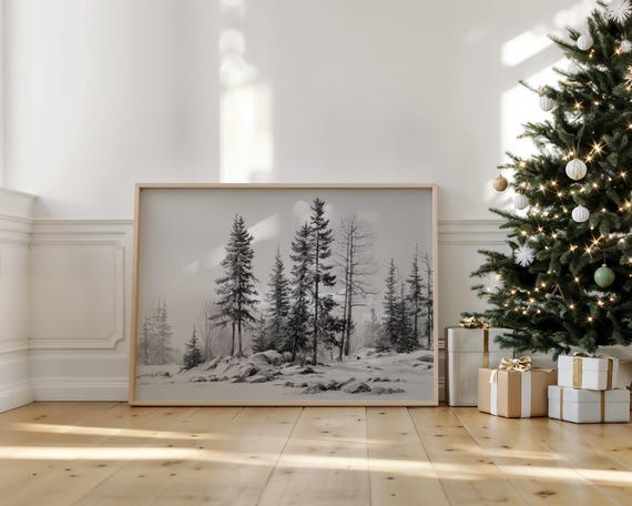 Black And White Pine Forest Canvas Wall Art Winter Snow Landscape Drawing Minimalist Rustic Lodge Decor Nature Cabin Accent Print