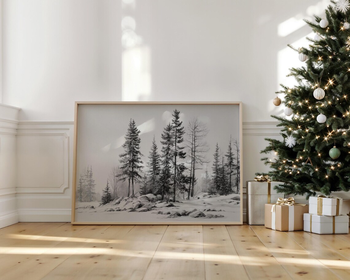Black And White Pine Forest Canvas Wall Art Winter Snow Landscape Drawing Minimalist Rustic Lodge Decor Nature Cabin Accent Print