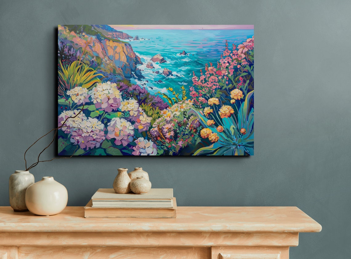 Cliffside Flowers Over Turquoise Ocean Vibrant Coastal Poster - Image 4