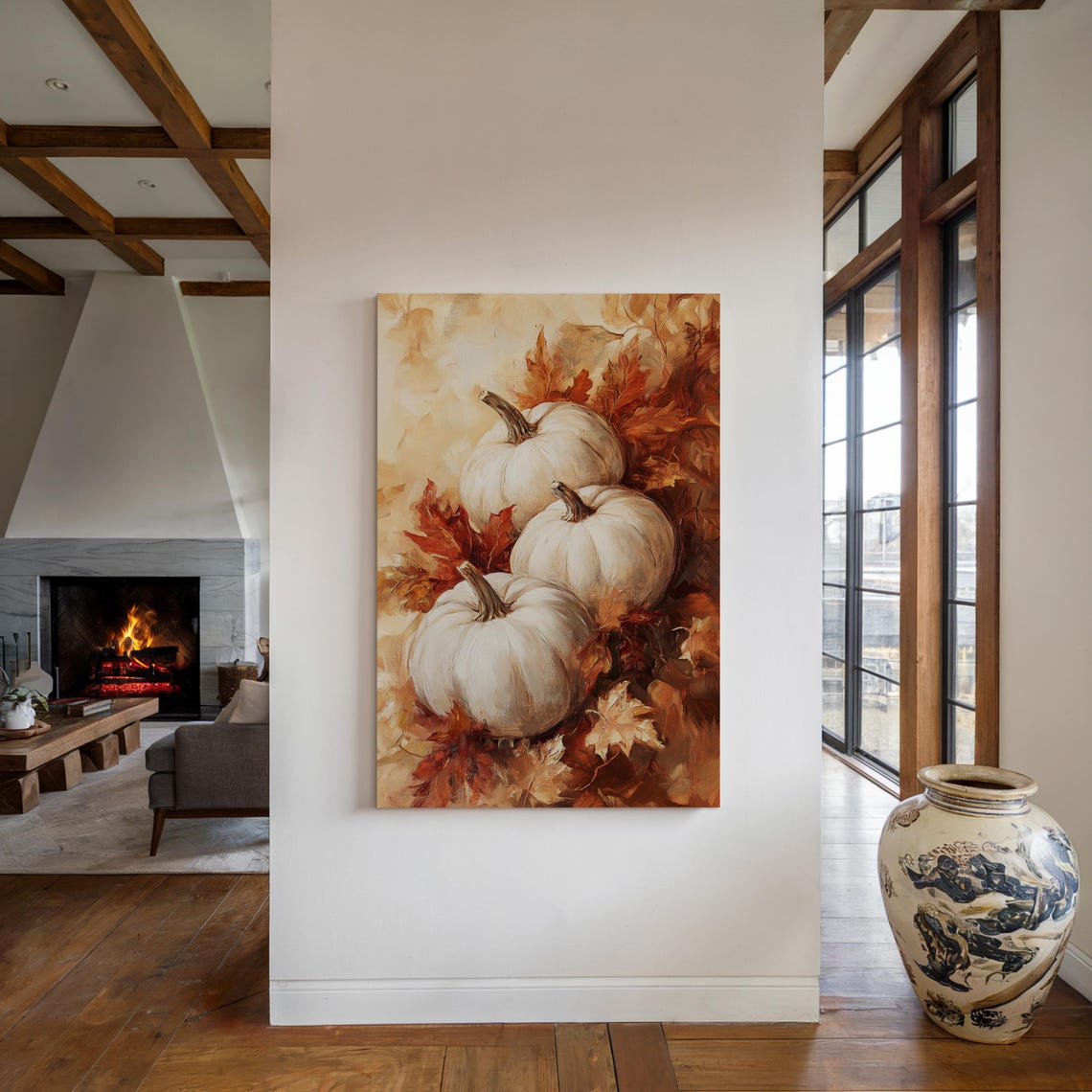 White Pumpkins With Autumn Leaves Warm Fall Still Life Poster - Image 4
