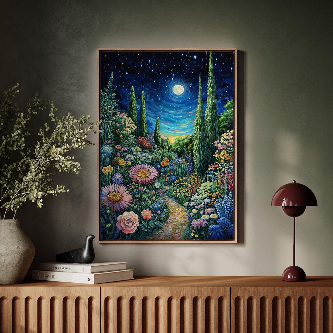 Moonlit Floral Garden Path, Starry Night Landscape - Image 6