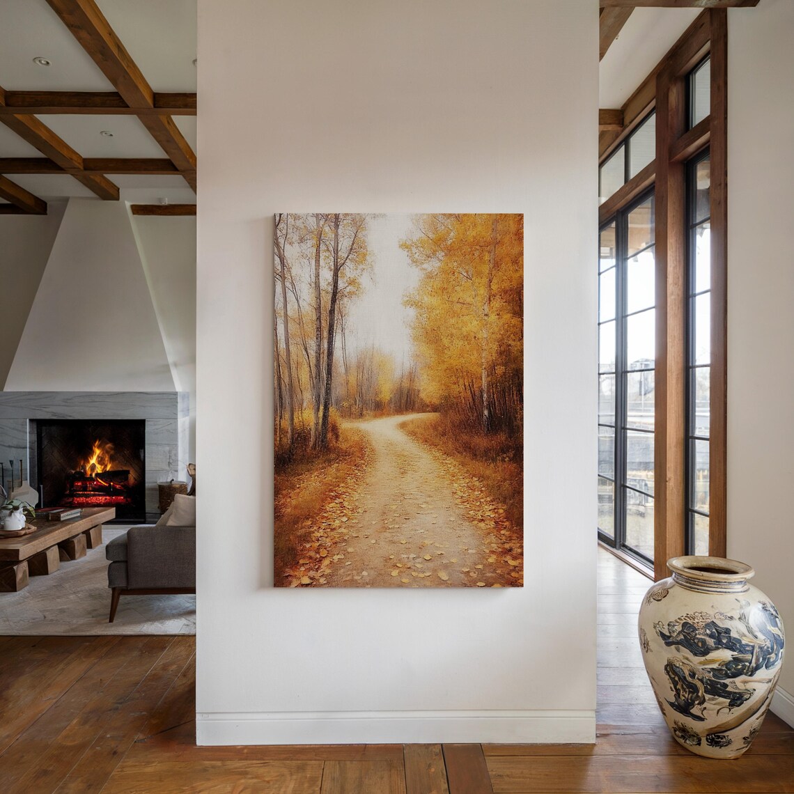 Golden Autumn Birch Path with Falling Leaves Winding Forest Road Poster - Image 5