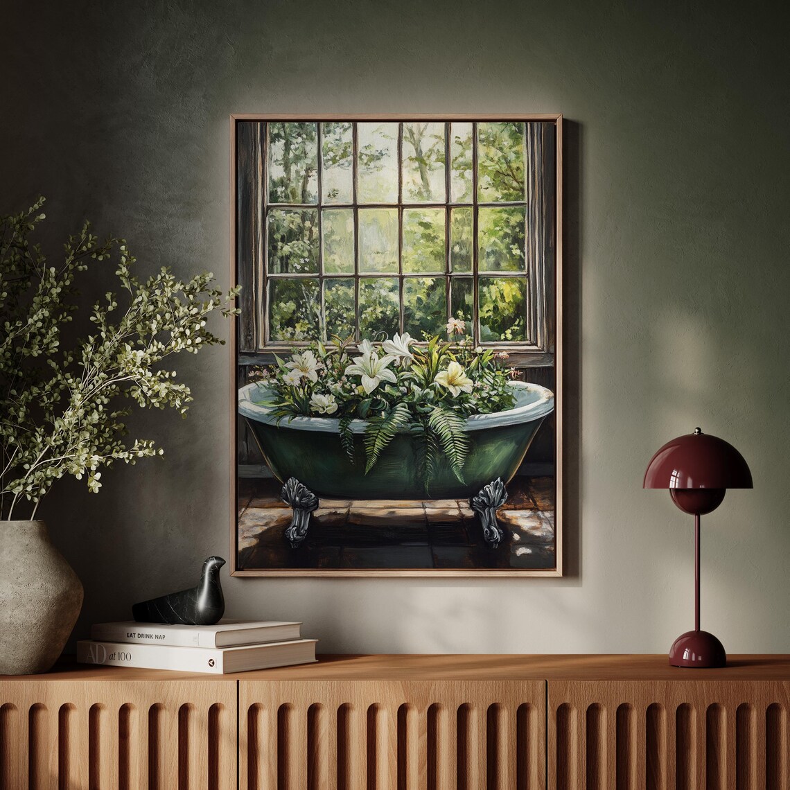 Vintage Green Bathtub Full Of Lilies Ferns Garden Window Wall Art - Image 3