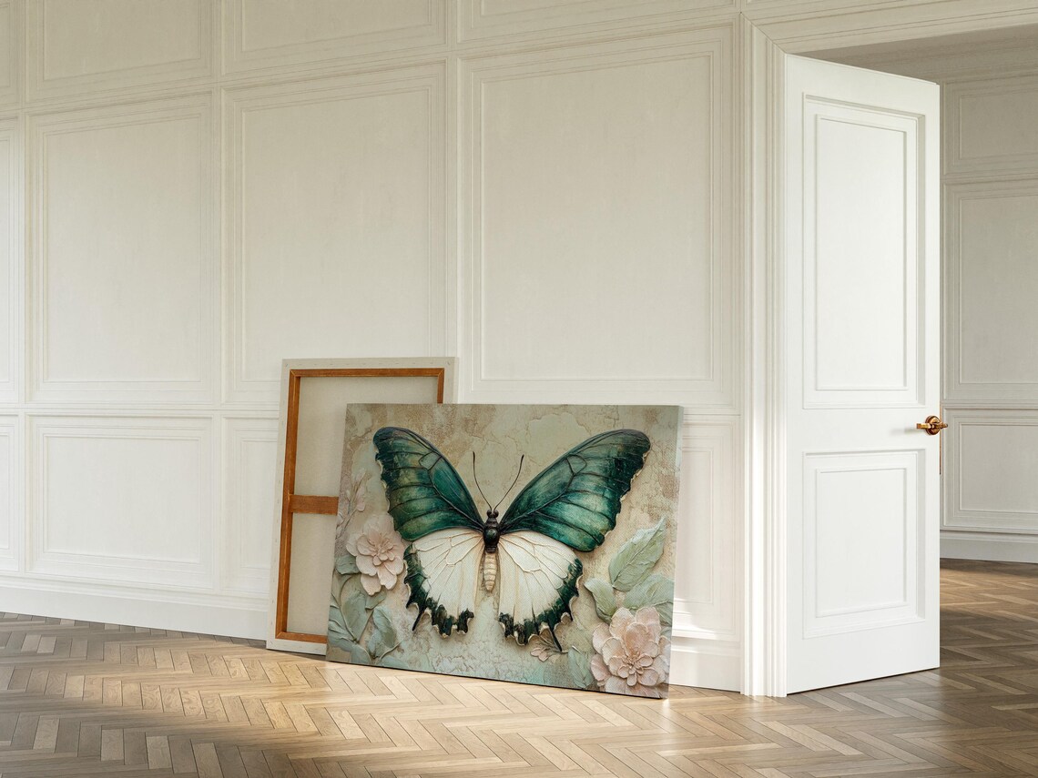 Green Butterfly Nature-Inspired Art Print, Floral Details - Image 2