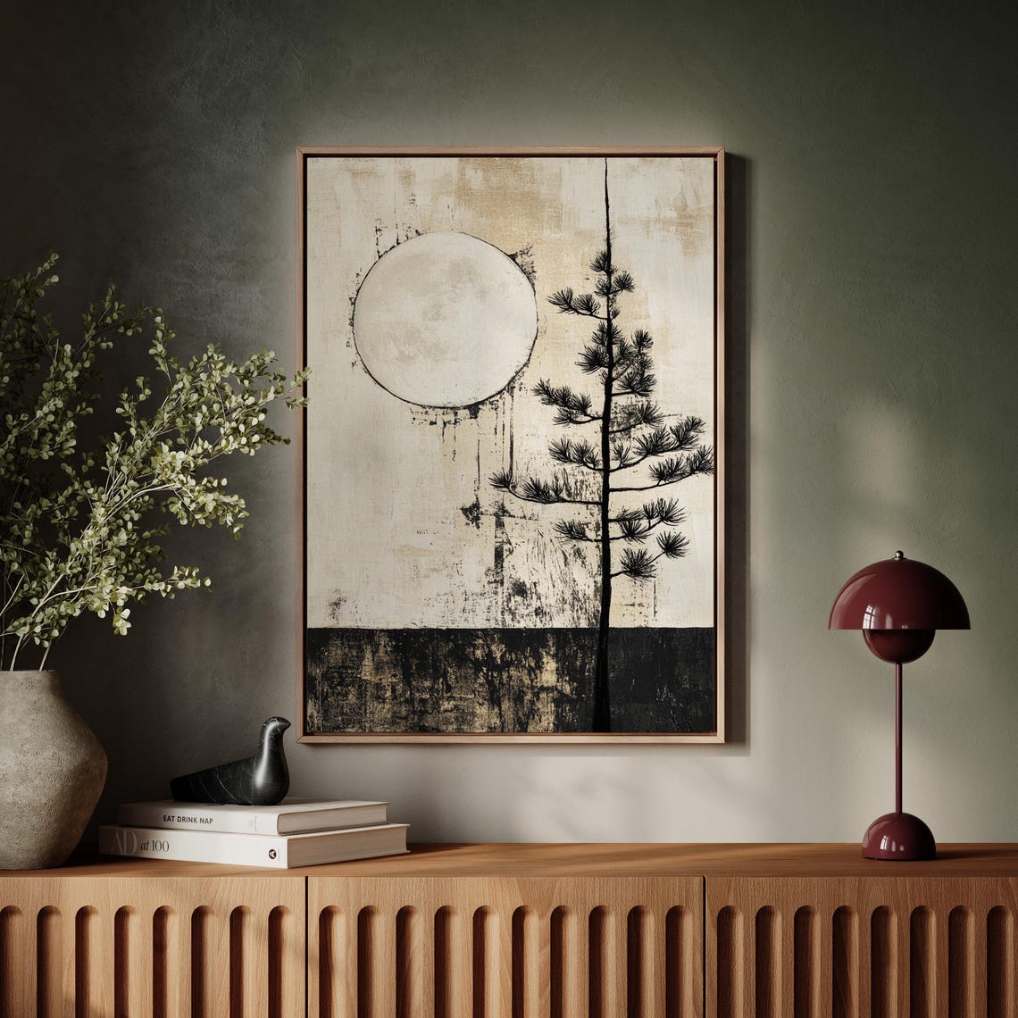 Japanese Minimalist Pine Tree Full Moon Wall Art Zen Black And White Abstract Nature Print - Image 4