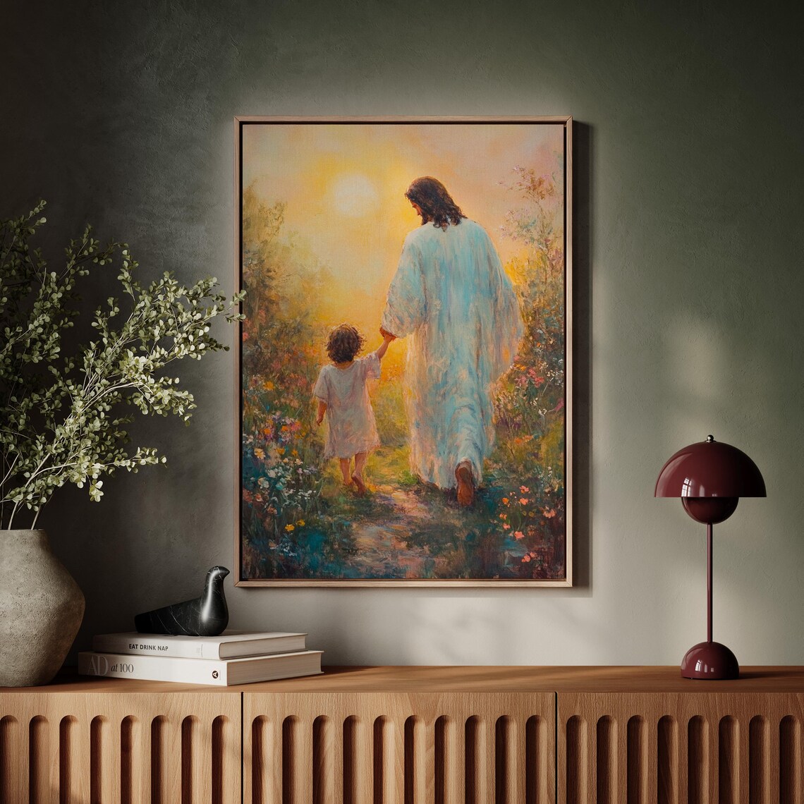 Jesus Walking With Child Sunset Flower Meadow Inspirational Poster - Image 3