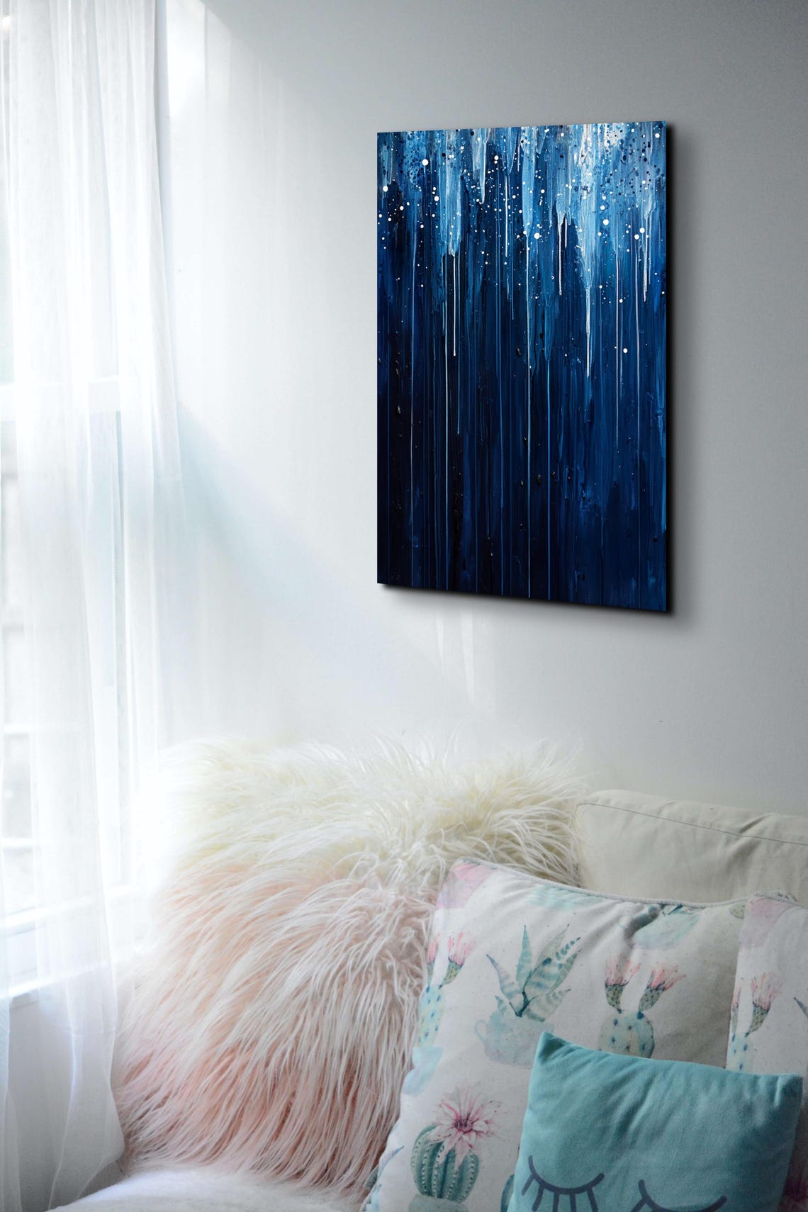 Deep Blue Rainy Night Abstract Drip Painting Serene Art Poster - Image 5