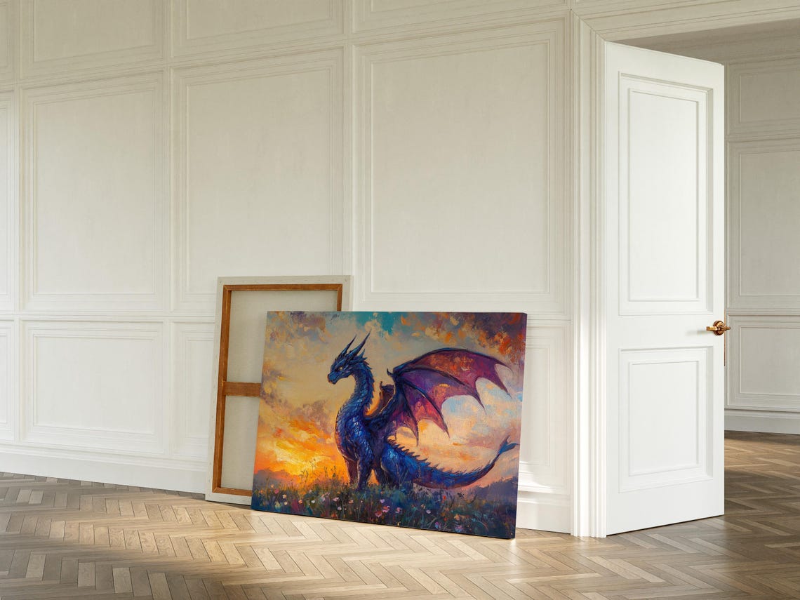 Majestic Blue Dragon at Sunset Vibrant Fantasy Oil Painting Print - Image 6