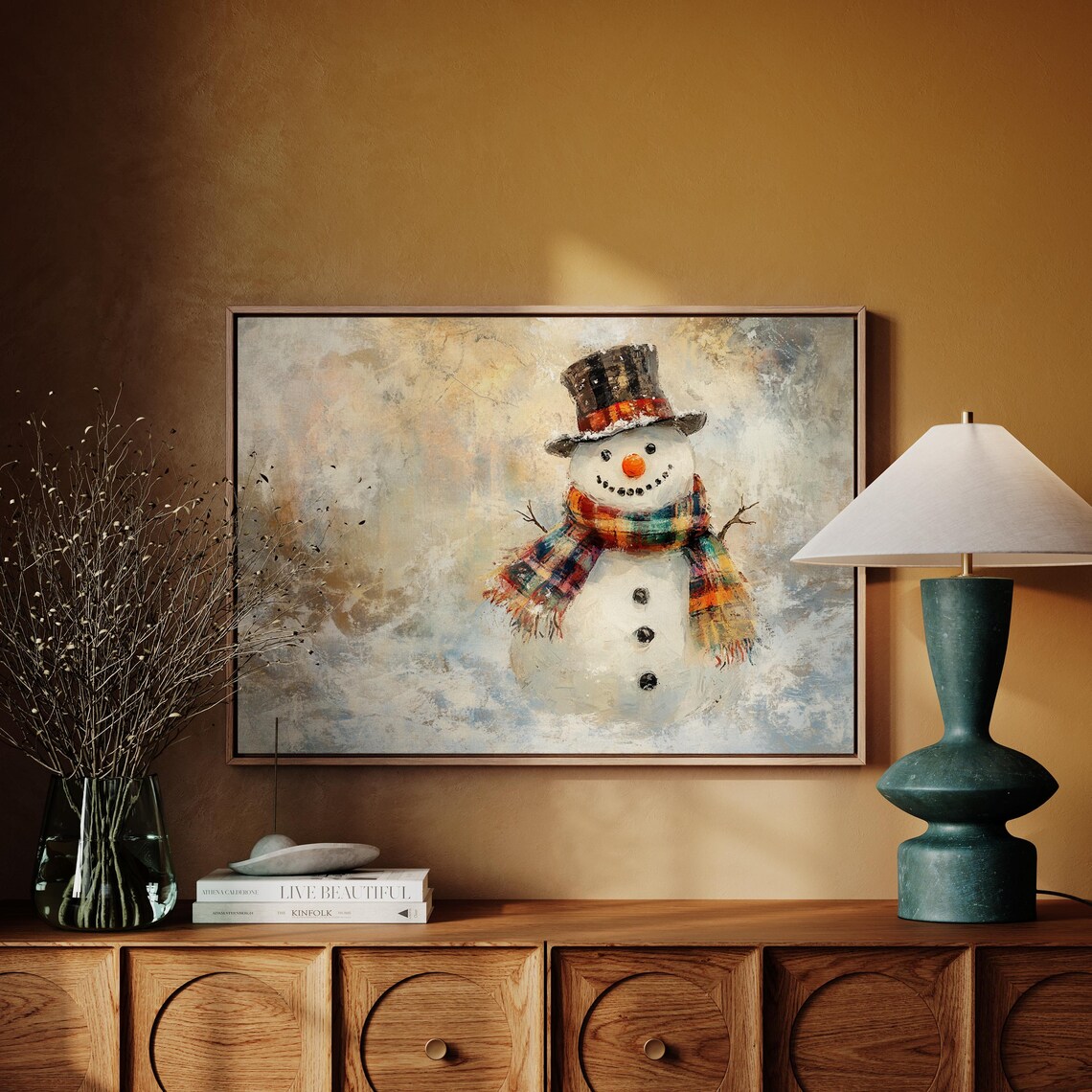 Cheerful Snowman in a Tall Top Hat and Colorful Plaid Scarf Art Poster - Image 4