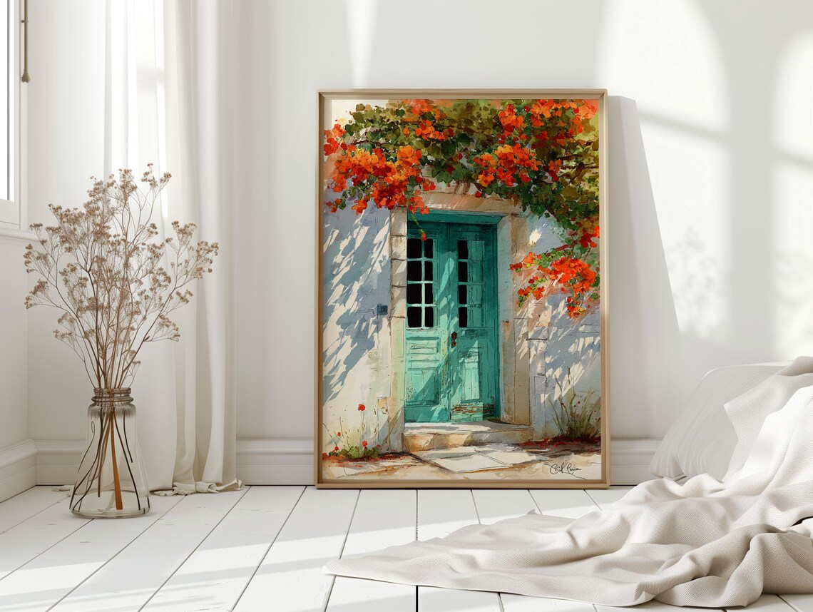 Turquoise Door Bougainvillea Blossoms Mediterranean Watercolor Poster