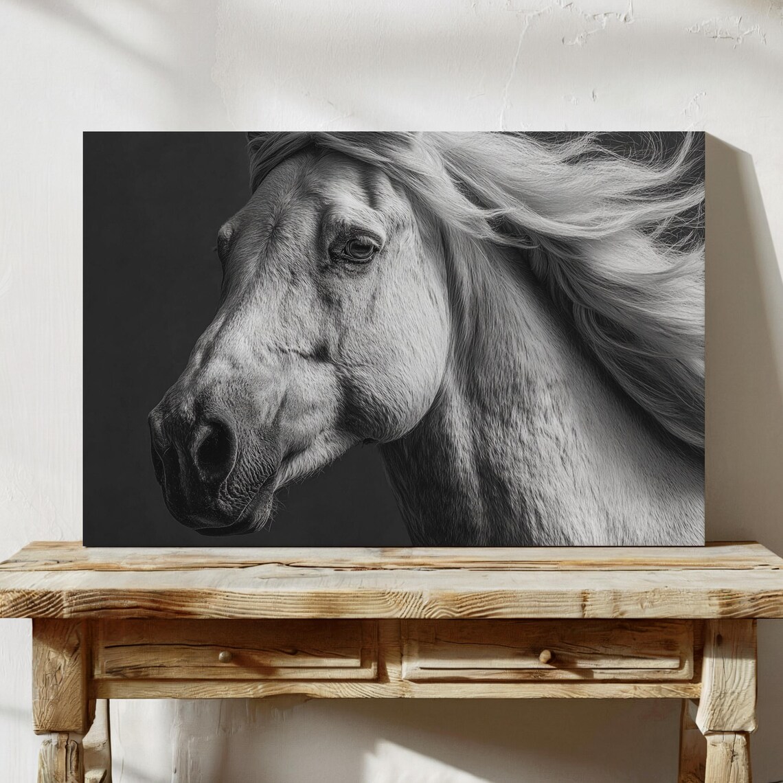 Graceful White Horse Close Up Flowing Mane Black Photo Poster