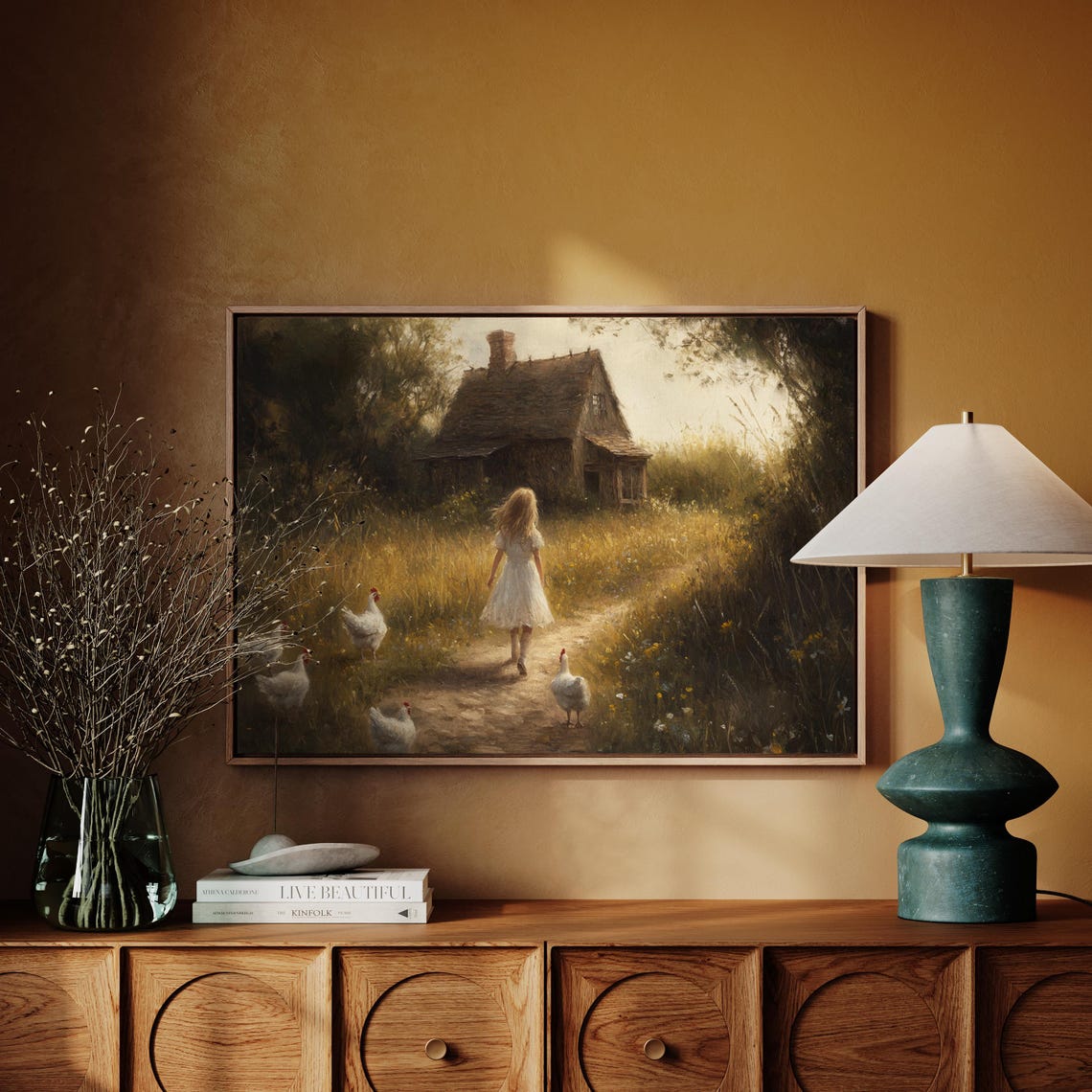 Girl in White Dress Walking with Chickens at Dusk Moody Farm Poster - Image 4