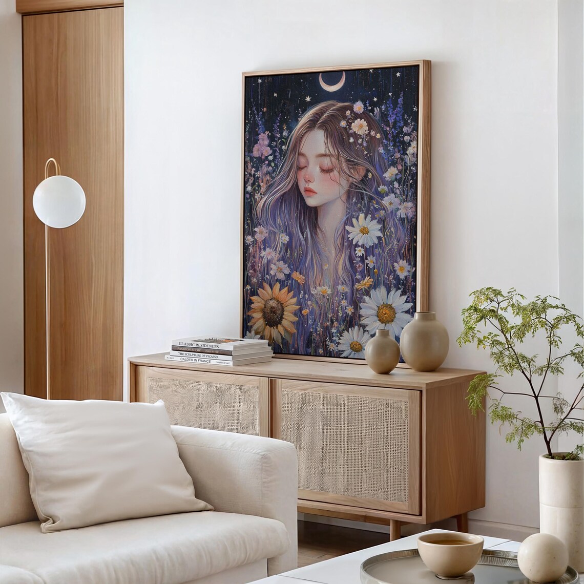 Dreamy Floral Portrait Woman Under Moonlit Sky - Image 4