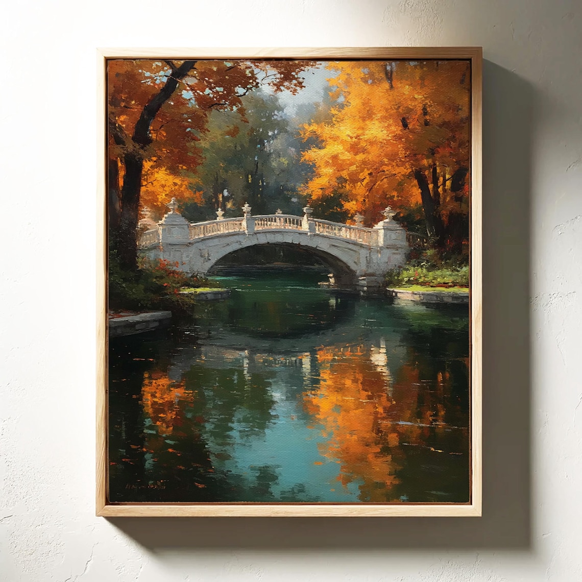 Stone Bridge over Autumn River Fall Foliage Oil Painting Print
