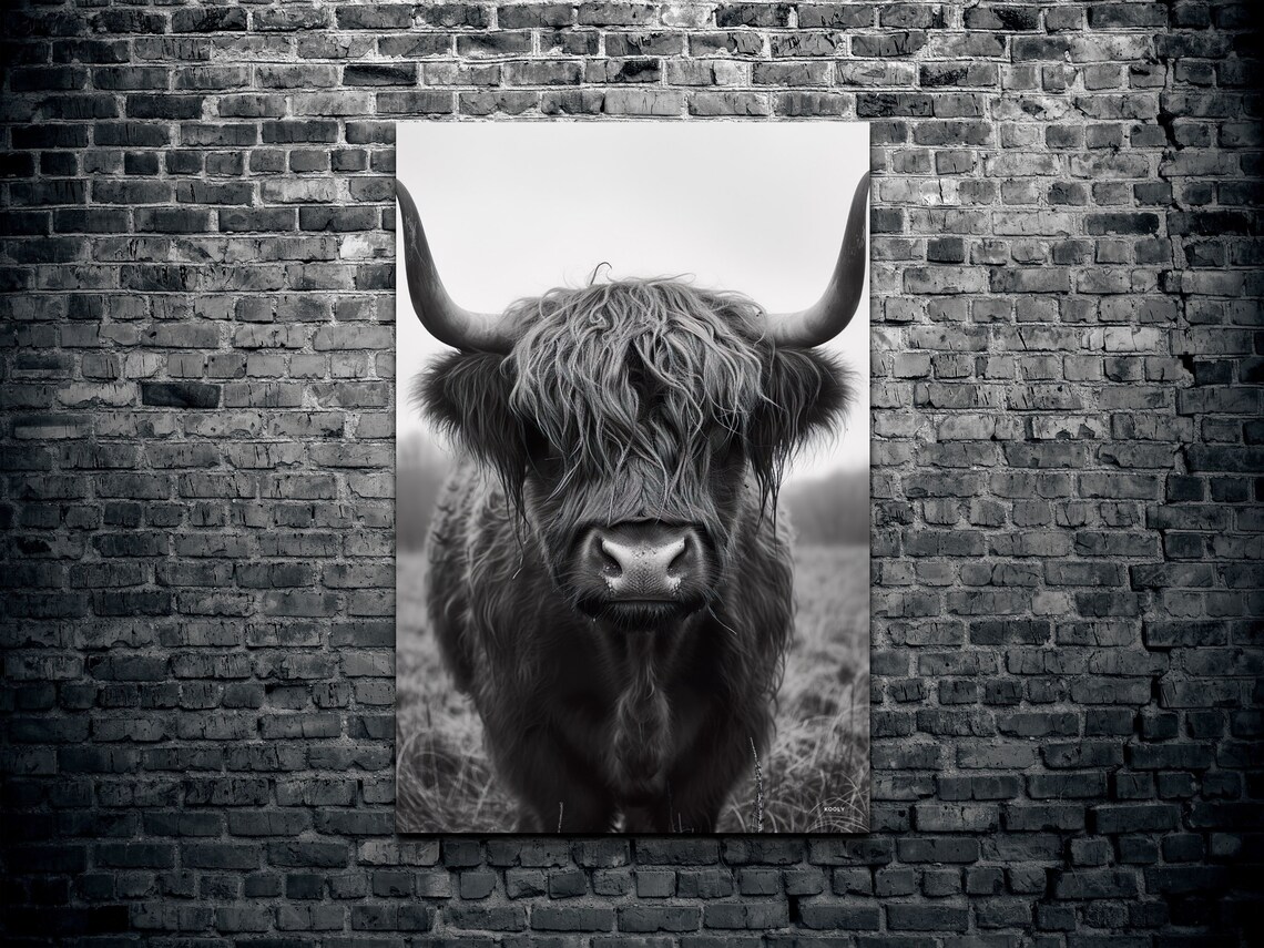 Black And White Highland Cow Close Up Shaggy Portrait Wall Art - Image 2