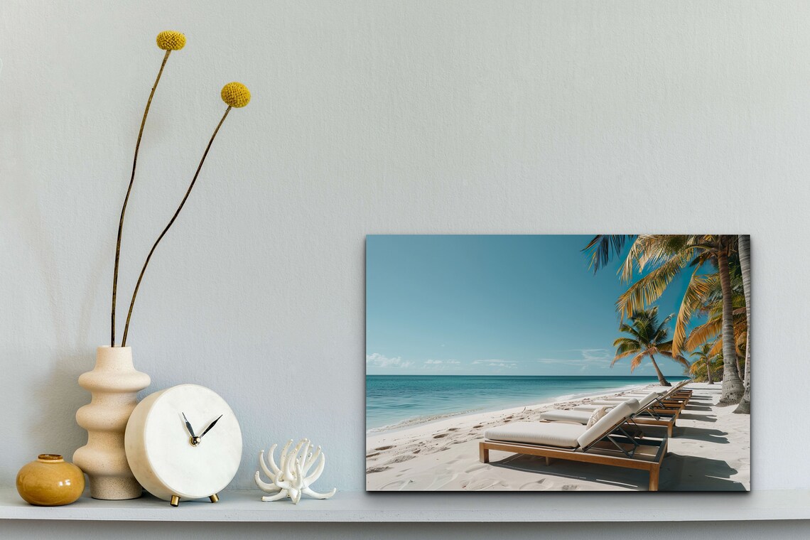 Tropical Beach Palm Trees Lounge Chairs Sunny Shore Wall Art - Image 4