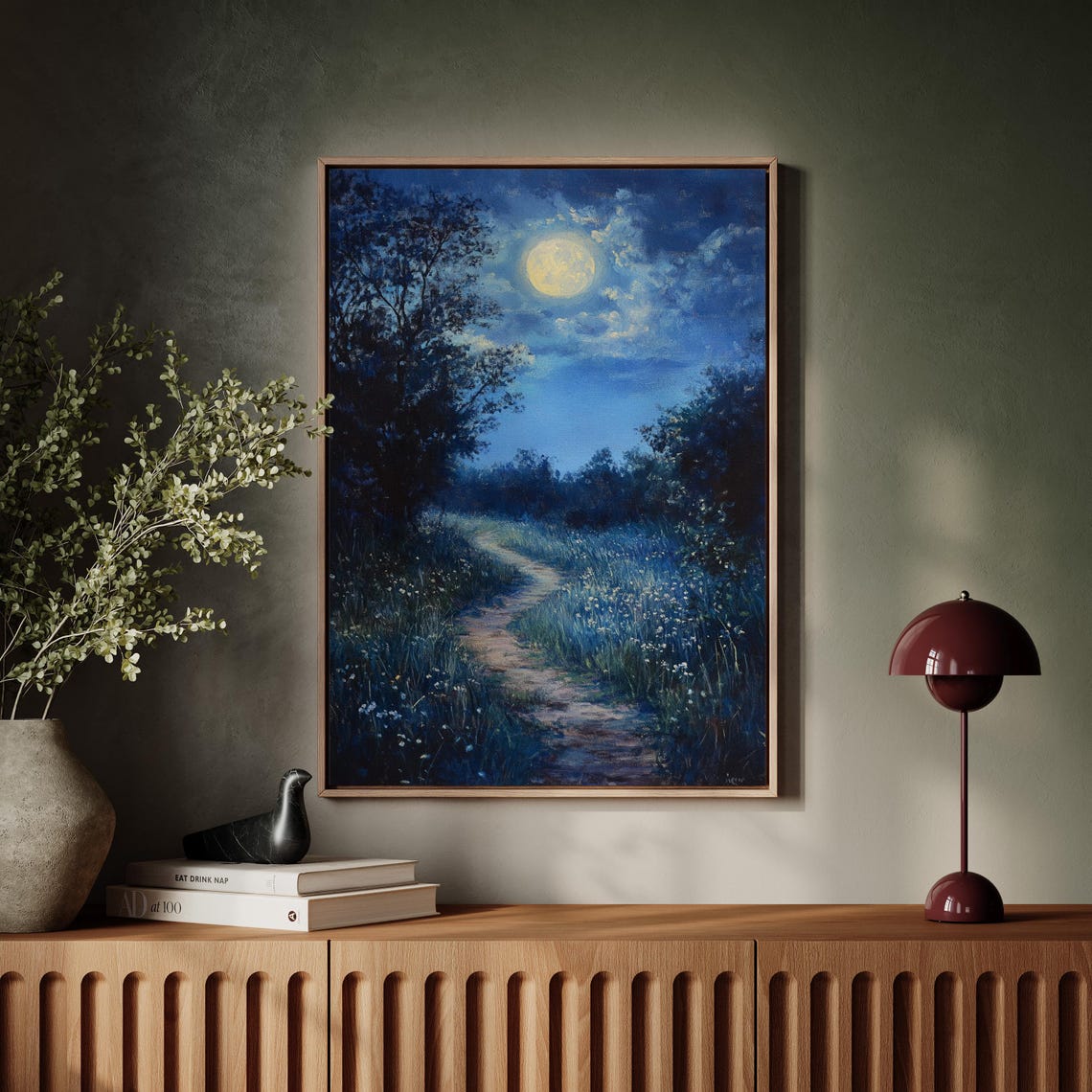 Moonlit Meadow Path Under Full Moon Serene Night Landscape Poster - Image 7